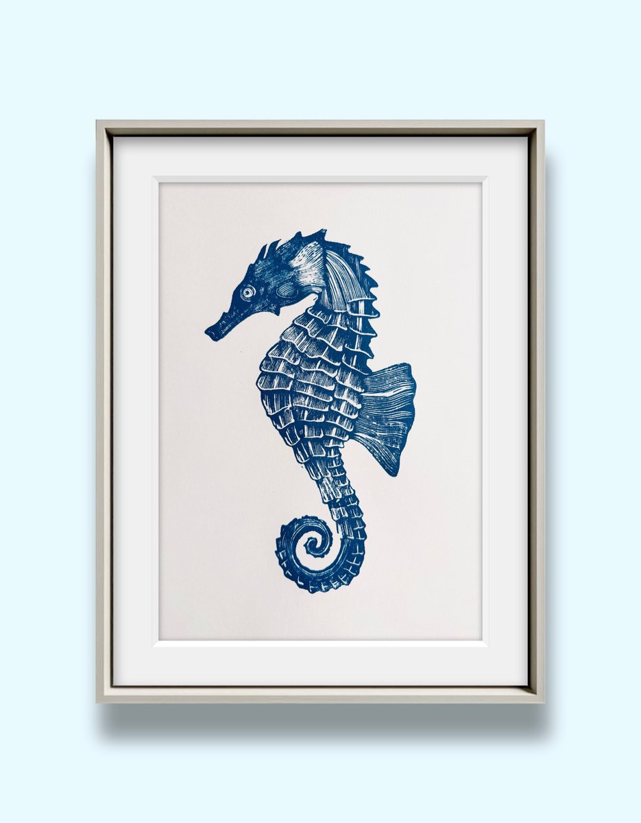 Illustrative Linocut , Seahorse By Amy Cundall, 12 X 16, Artwork For Sale On Artfinder