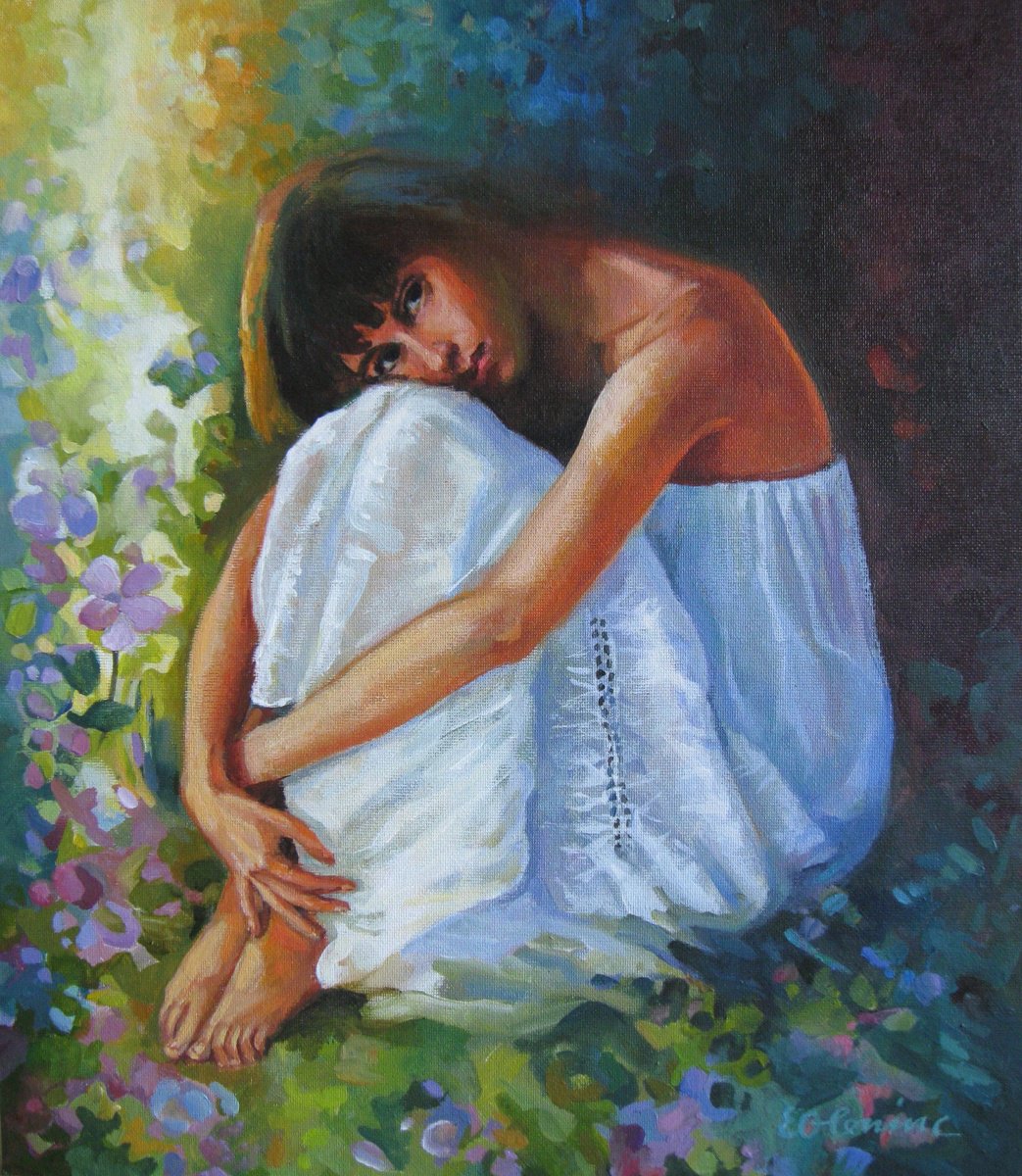 Expressive Portrait Acrylic Painting By Elena Oleniuc, 12 X 14, Melancholy, Original Artwork