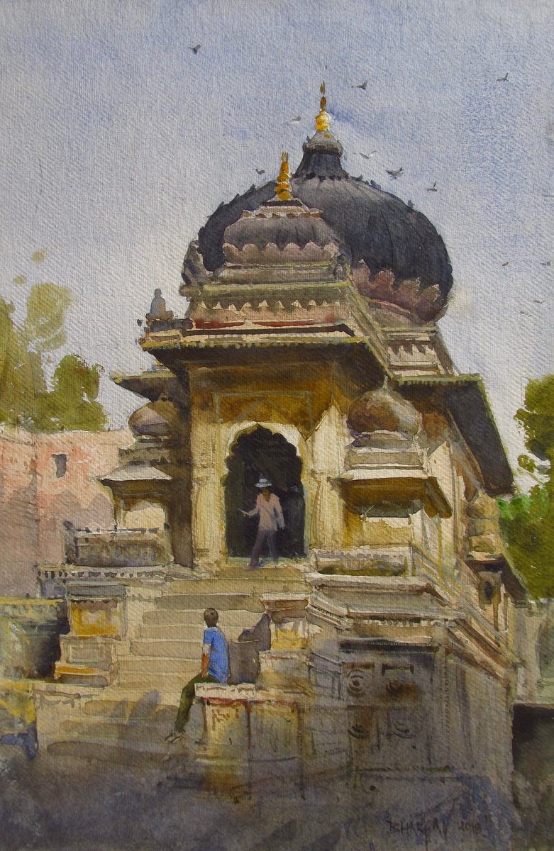 Impressionistic Cityscapes Watercolour By Bhargavkumar Kulkarni, 14 X 22, Golden Lights, Maheshwar, Original Artwork