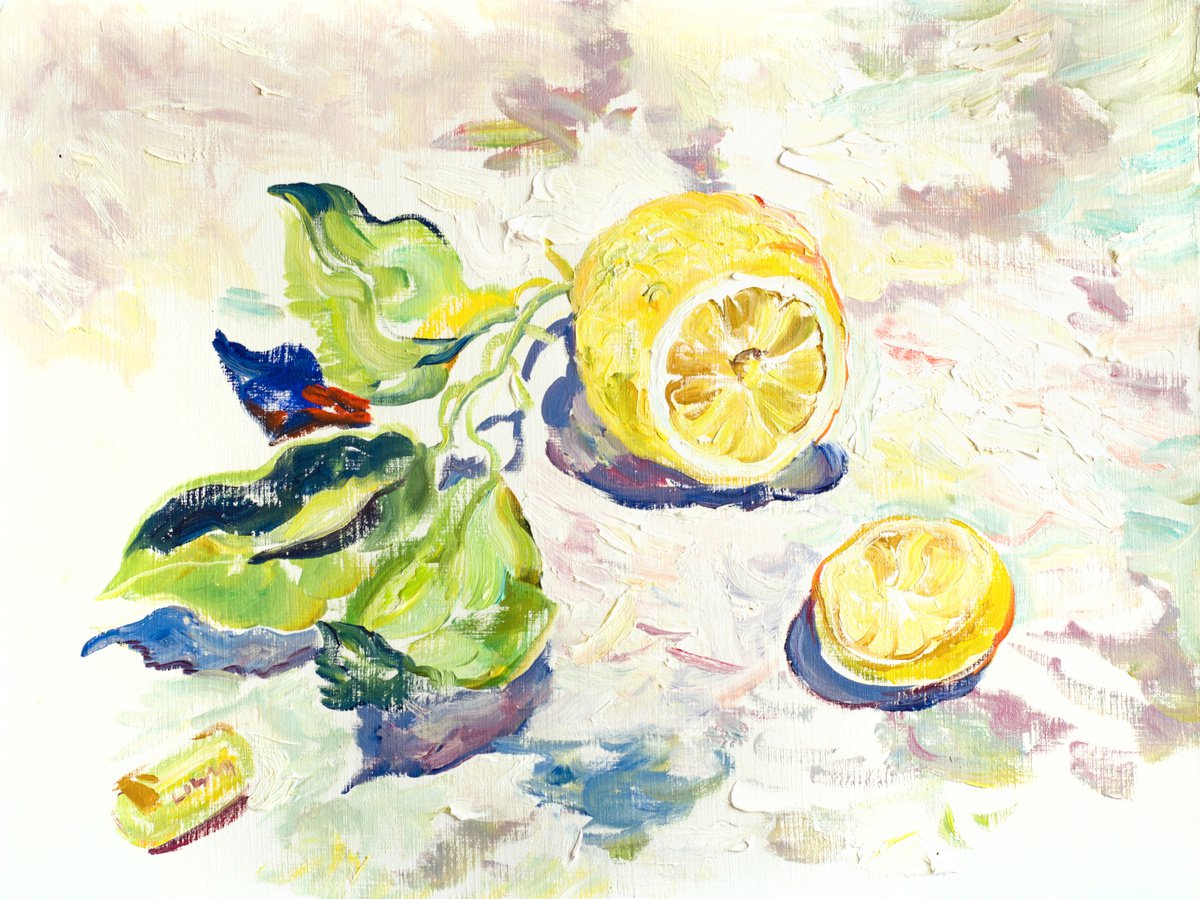 Impressionistic Still Life Oil Painting By Daria Galinski, 16 X 12, A Lemon On The Mable Tabletop, Original Artwork