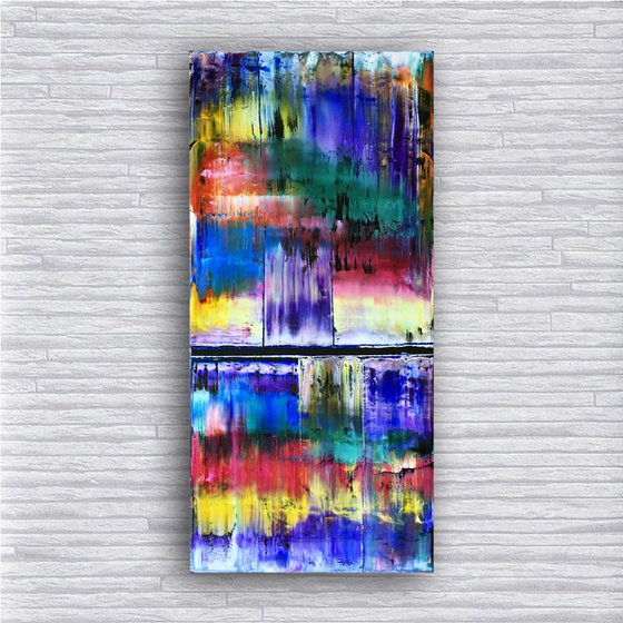 "Color Cascade" -  Original PMS Oil Painting On Reclaimed Wood - 16 x 35 inches