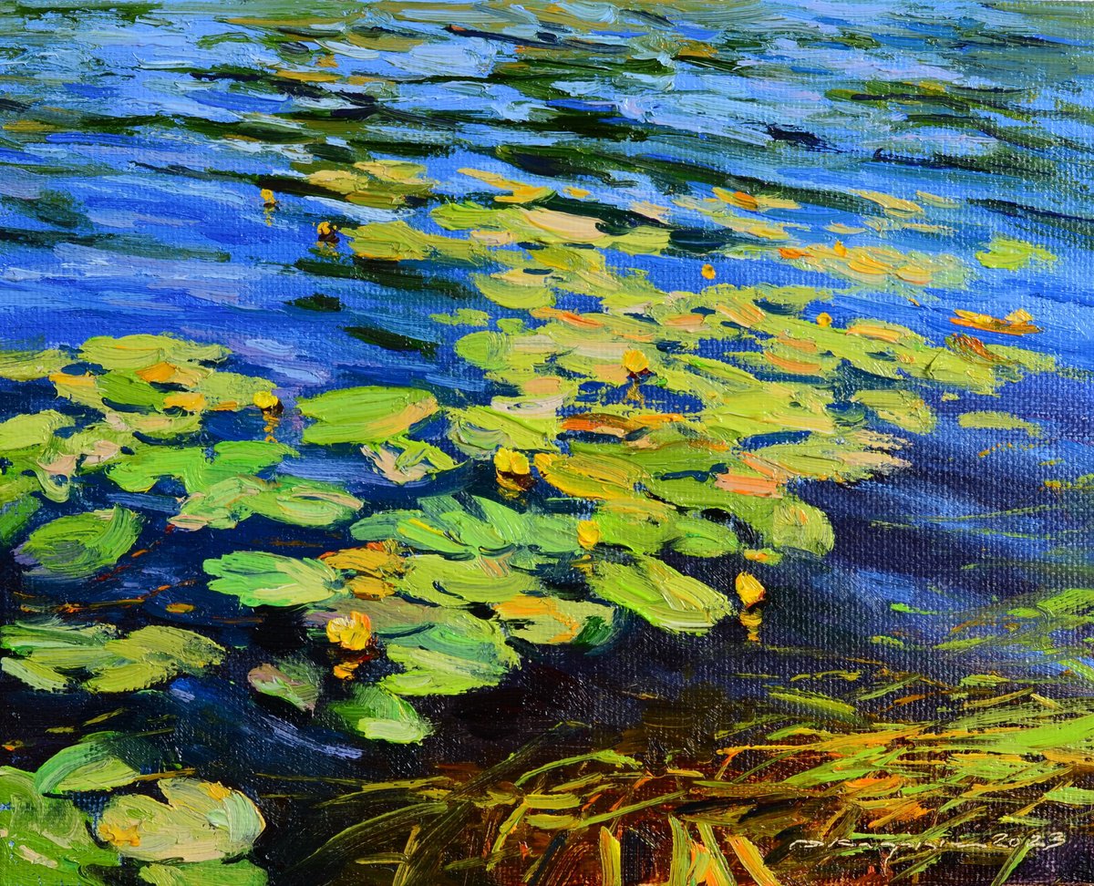 Impressionistic Landscape Oil Painting By Ruslan Kiprych, 10 X 8", Water Lilies On The Waves, Original Artwork