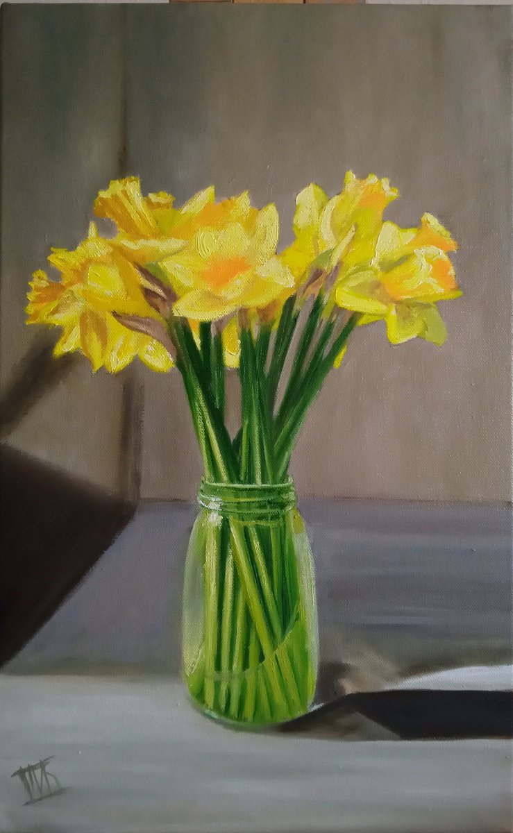 Photorealistic Oil Painting , Yellow Daffodils By Ira Whittaker, 12 X 19, Artwork For Sale On Artfinder