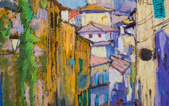 Siena. View of the old town street. Medium oil pastel drawing bright colors Italy
