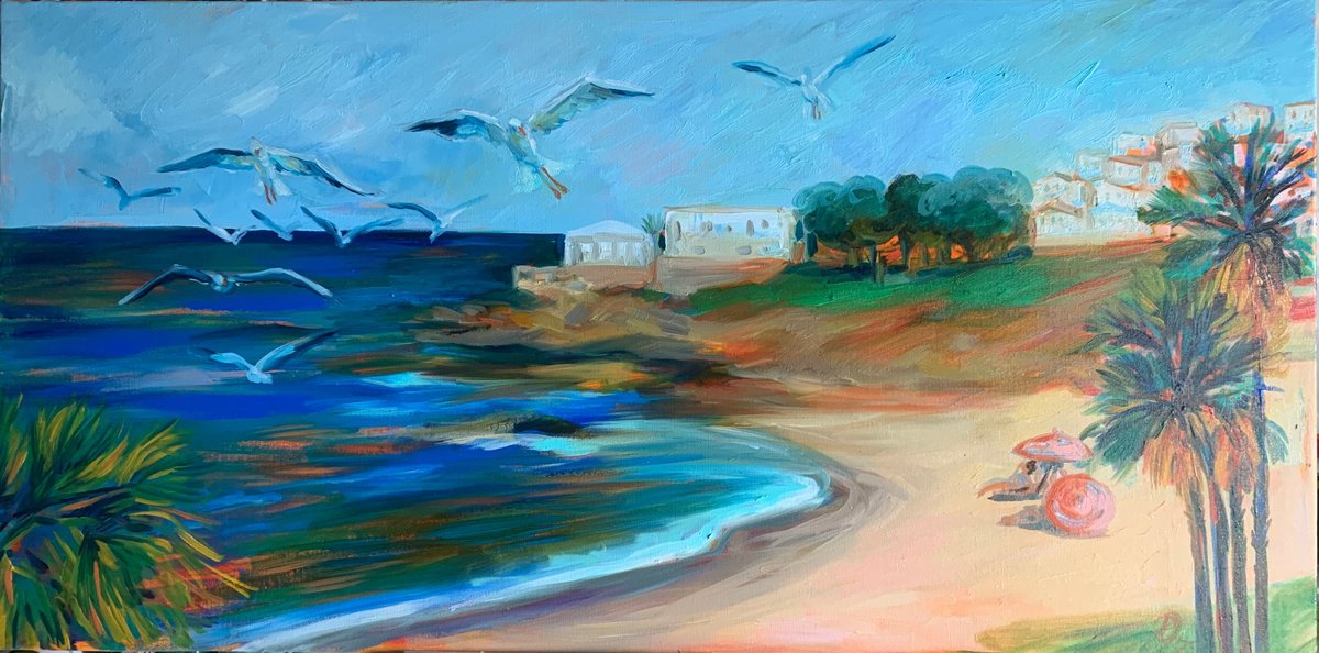 Impressionistic Landscape Oil Painting By Olga Pascari, 39 X 20", Sea Sound, Original Artwork