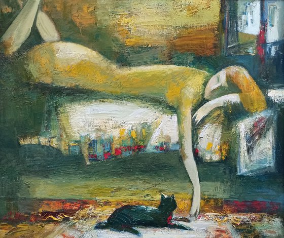 Figure with black cat 50x60cm ,oil/canvas, ready to hang