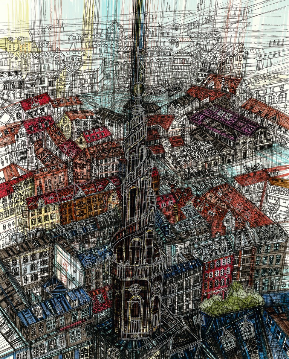 Impressionistic Cityscapes Drawing By Maria Susarenko, 32 X 39", Copenhagen Rooftops, Original Artwork