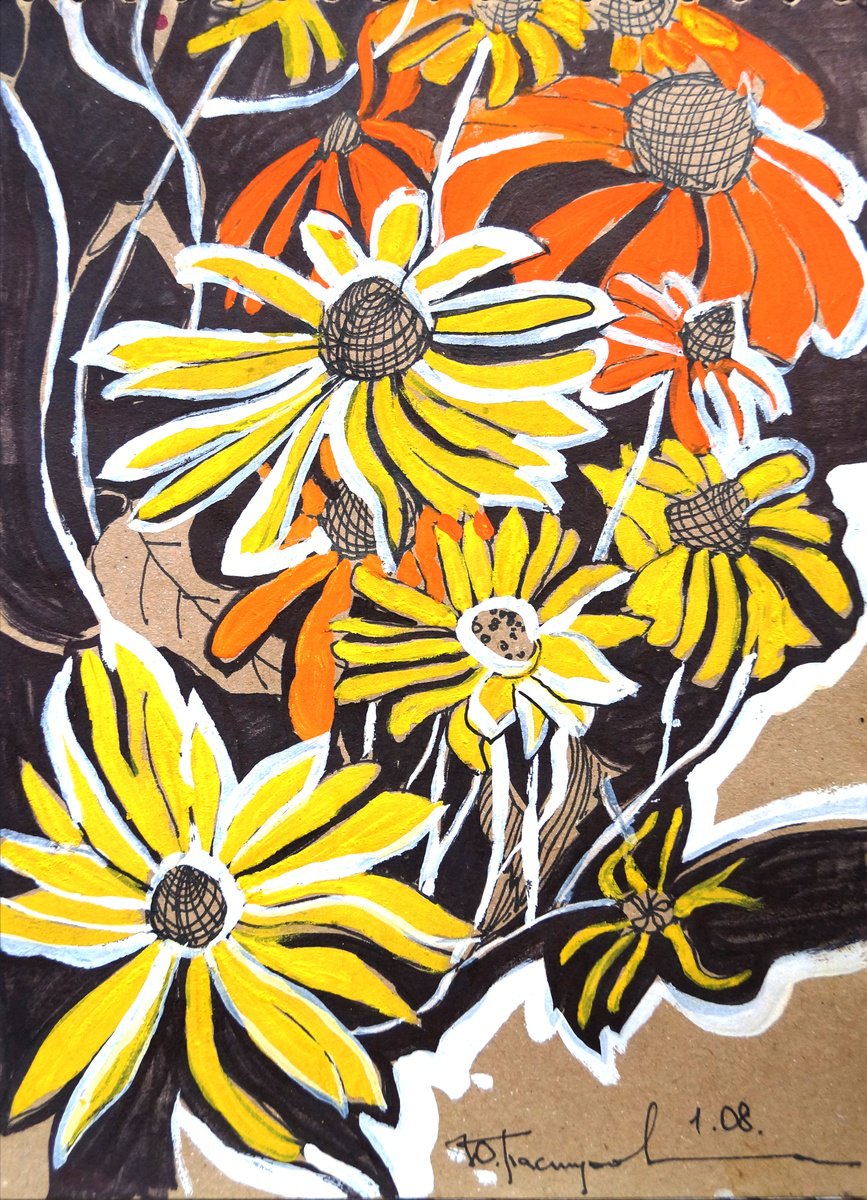 Botanical Ink Drawing By Yuliia Pastukhova, 6 X 8", Orange Flowers, Original Artwork