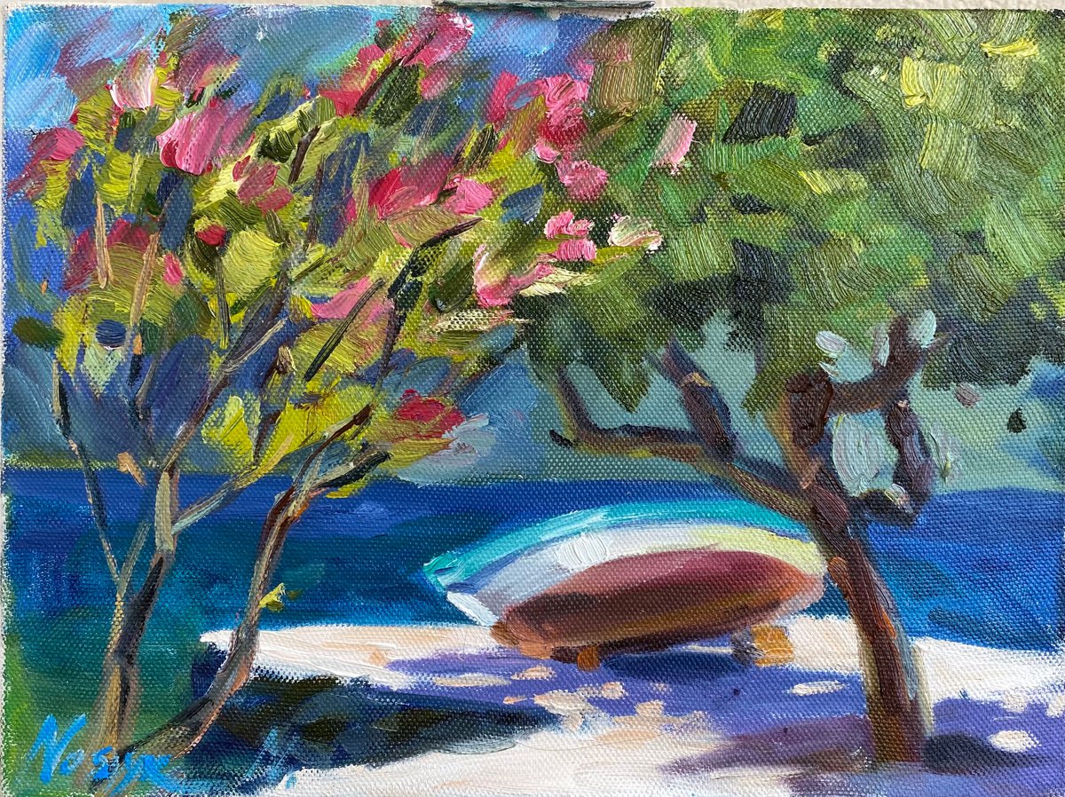 Boat and pink blossom| oil painting on canvas flowers by Nataliia Nosyk