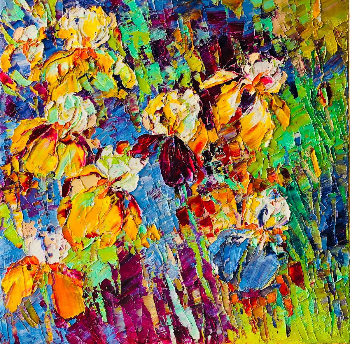 Abstract Botanical Oil Painting By Svitlana Andriichenko, 16 X 16", Irises In Anticipation, Original Artwork