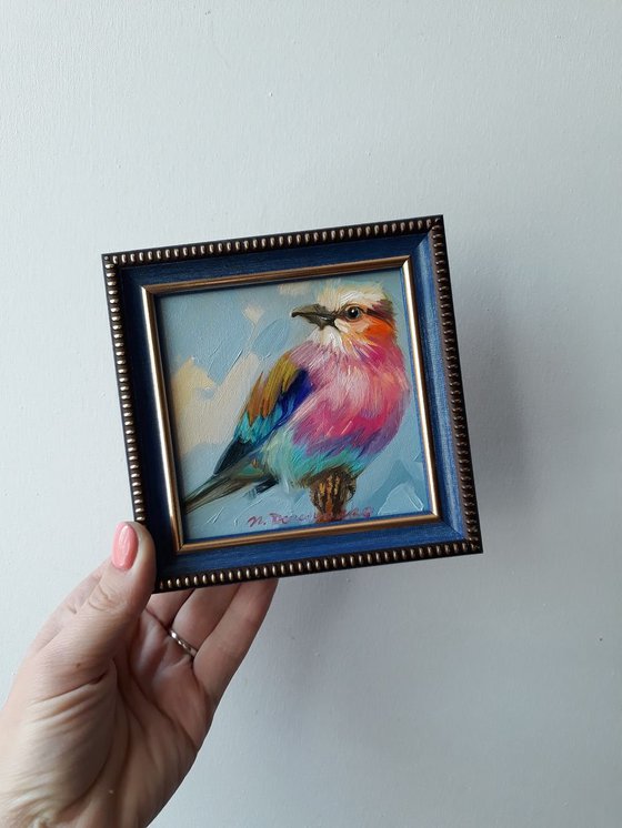 Lilac-breasted Roller bird original oil painting in a blue frame