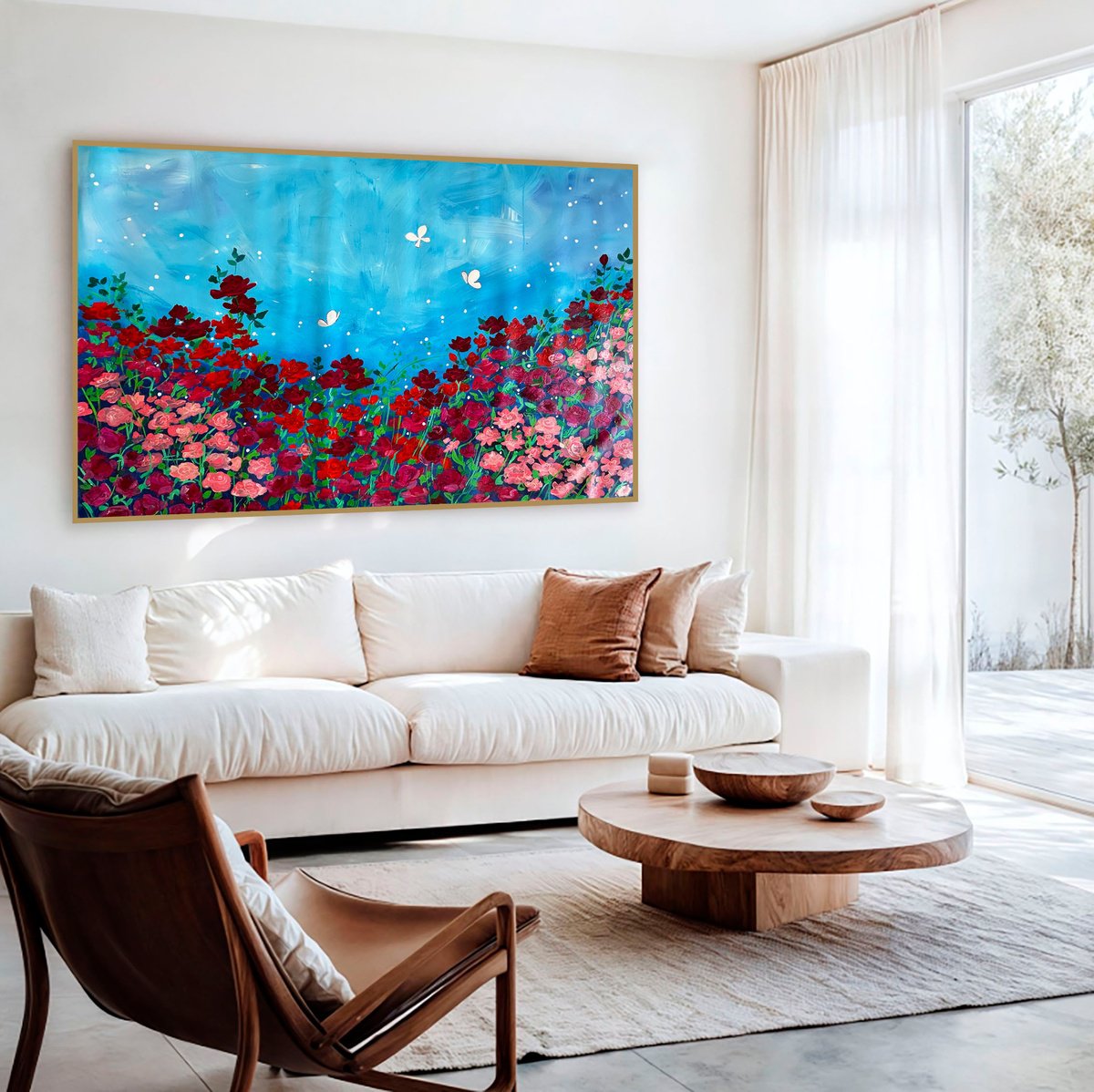 Organic Botanical Acrylic Painting By Alexandra Dobreikin, 65 X 41, Whisper Of Roses, Original Artwork