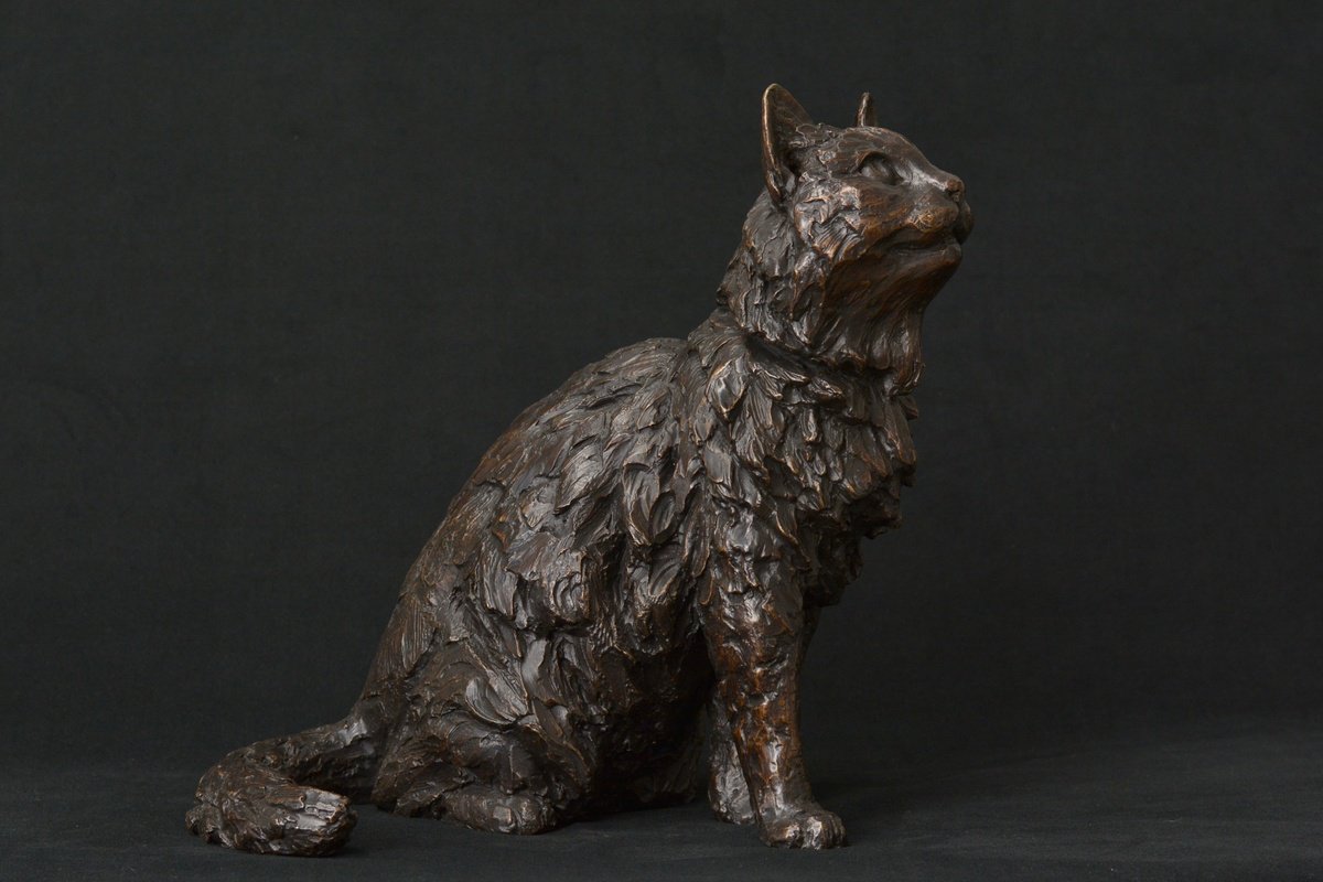 Animal Bronze Sculpture By Tanya Russell, 13 X 14", Longhaired Cat Fb, Original Artwork