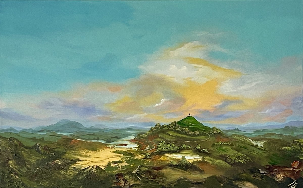 Expressive Landscape Acrylic Painting By Marja Brown, 33 X 21", Glastonbury Tor, Original Artwork