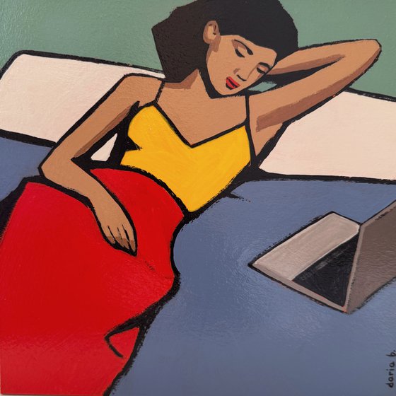 Woman with Laptop Small Original Painting