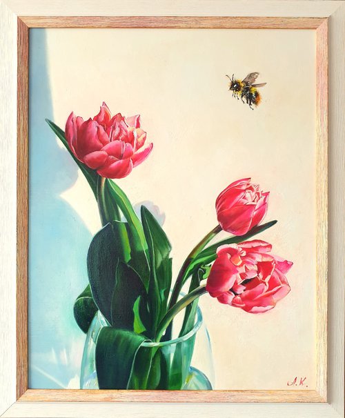 "In oriental style. "  still life summer  tulip bumblebee  white liGHt original painting  GIFT (2021) by Anna Bessonova (Kotelnik)