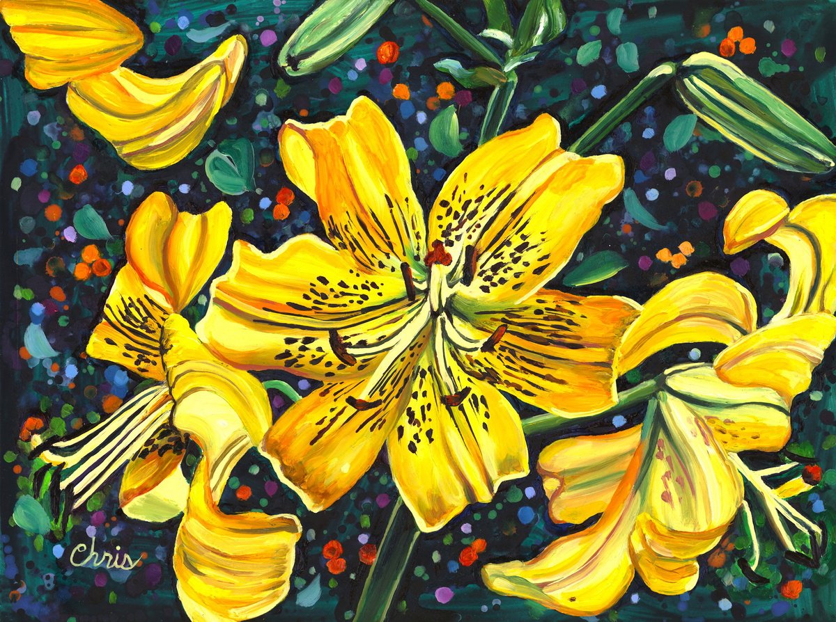 Illustrative Botanical Oil Painting By Christina M Plichta, 22 X 18, Yellow Lily Trio, Original Artwork