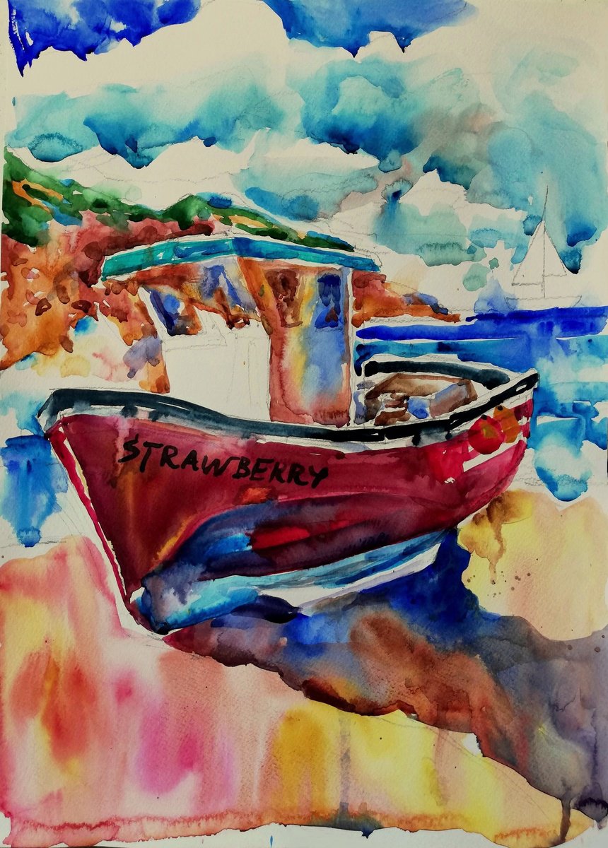 Impressionistic Landscape Watercolour By Jelena Djokic, 13 X 18, Strawberry, Original Artwork