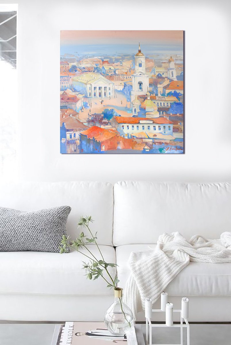 Impressionistic Cityscapes Oil Painting By Anastasiia Grygorieva, 39 X 39, Kontraktova Soul, Original Artwork