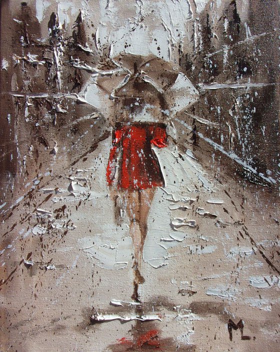 " LADY IN THE RAIN ... " original painting CITY palette knife