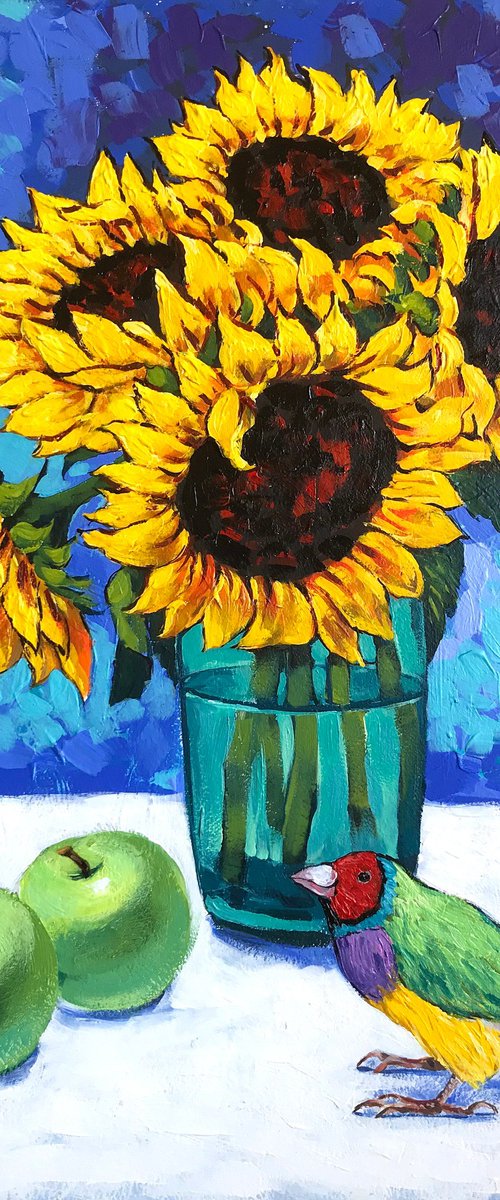 Sunflowers and gouldian finch by Irina Redine