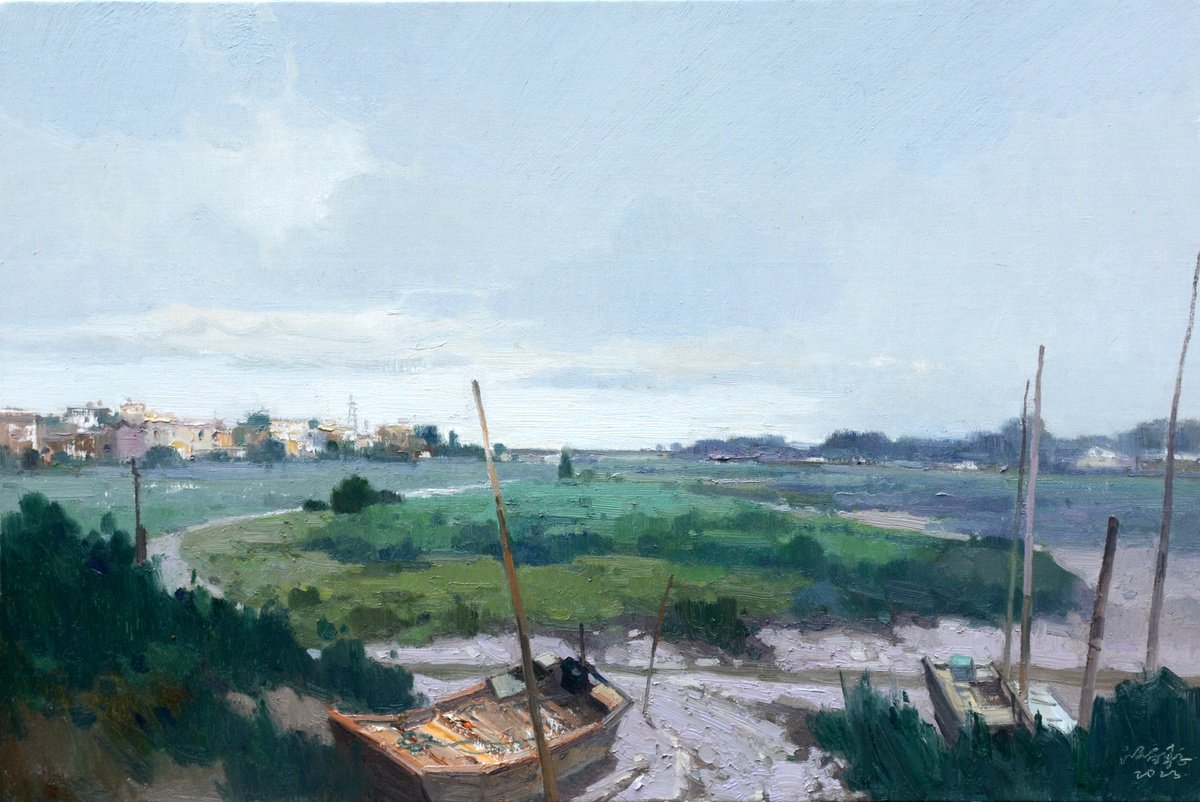 Impressionistic Landscape Oil Painting By Jianzhe Chon, 35 X 24, Landscape Oil Painting:port Nearby The Village 121, Artfinder