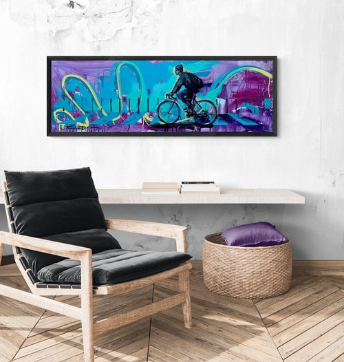 Purple horizontal painting - "Summer breeze" - Urban Art - Pop Art - Bicycle - Street Art by Yaroslav Yasenev