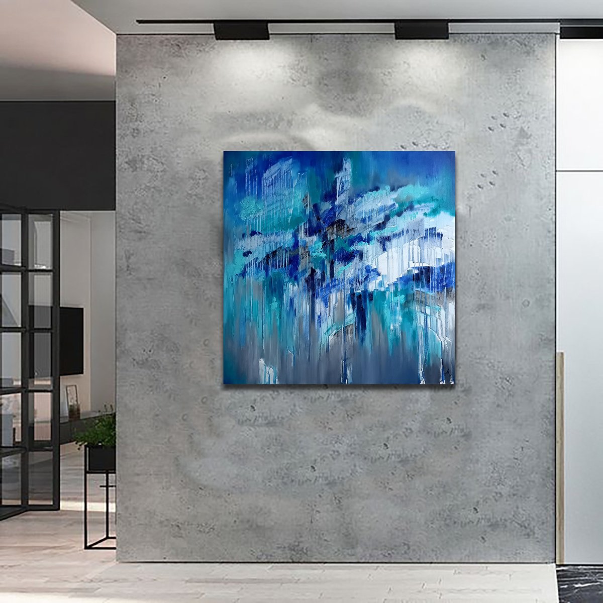 Blue Lagoon - abstraction, oil, original oil painting on canvas, drips painting, blue colo... by Anastasia Kozorez