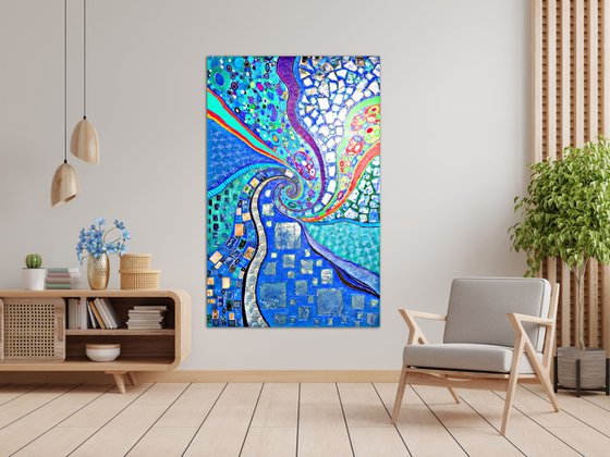 Large turquoise blue abstract painting. Vivid spiral abstract sea \ ocean wave.