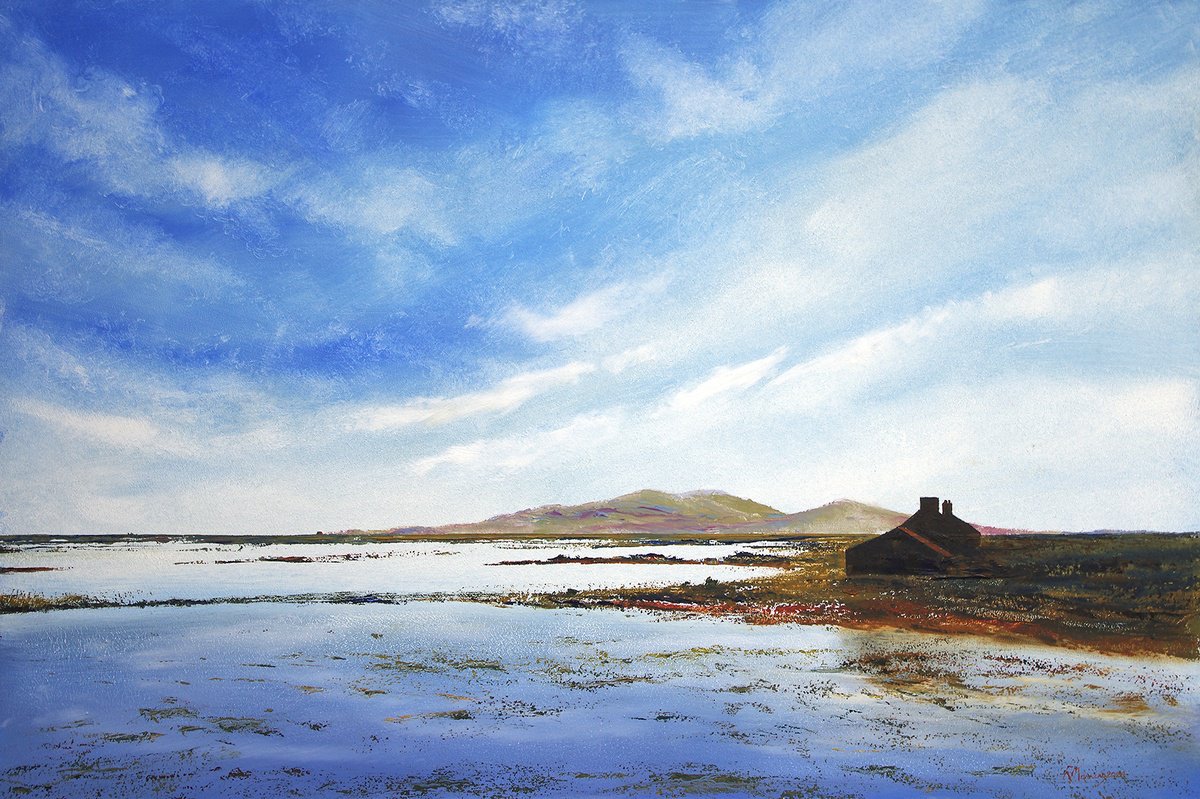 Abstract Landscape Oil Painting By Richard Manning, 36 X 24", Hut On The Loch, Original Artwork