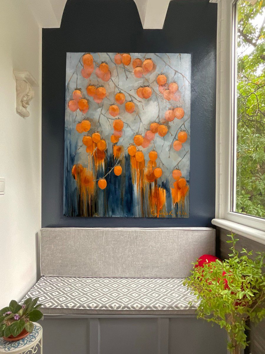 Impressionistic Botanical Oil Painting By Kateryna Guseva, 39 X 51", Persimmon, Original Artwork