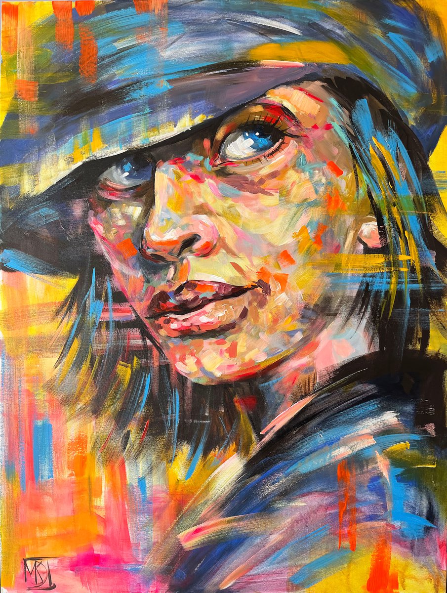 Expressive Portrait Acrylic Painting By Maria Kireev, 35 X 47", Blue Hat, Original Artwork