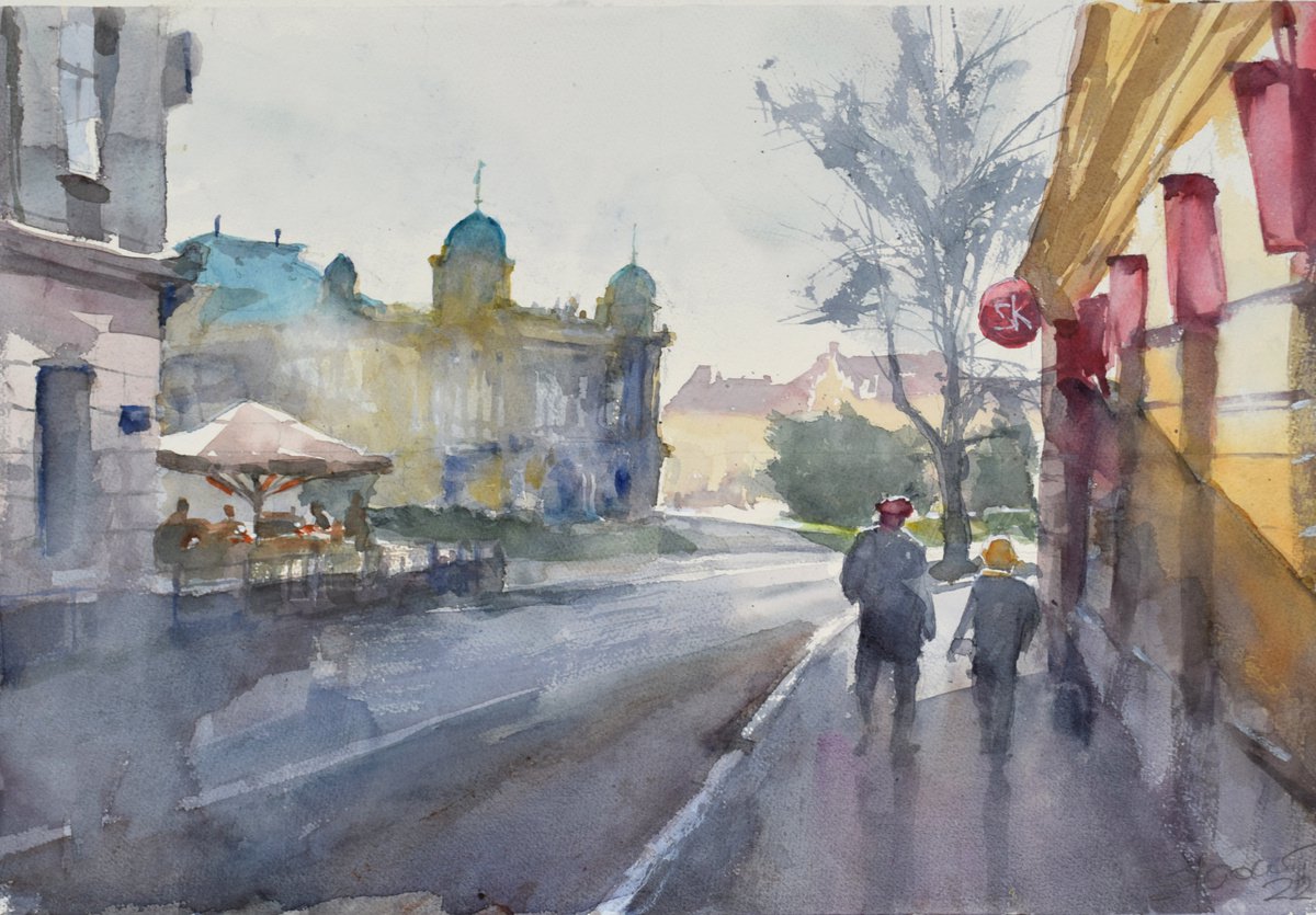 Cityscapes Watercolour By Goran Zigolic Watercolors, 22 X 15, Walking By The Masarykova Street, Original Artwork