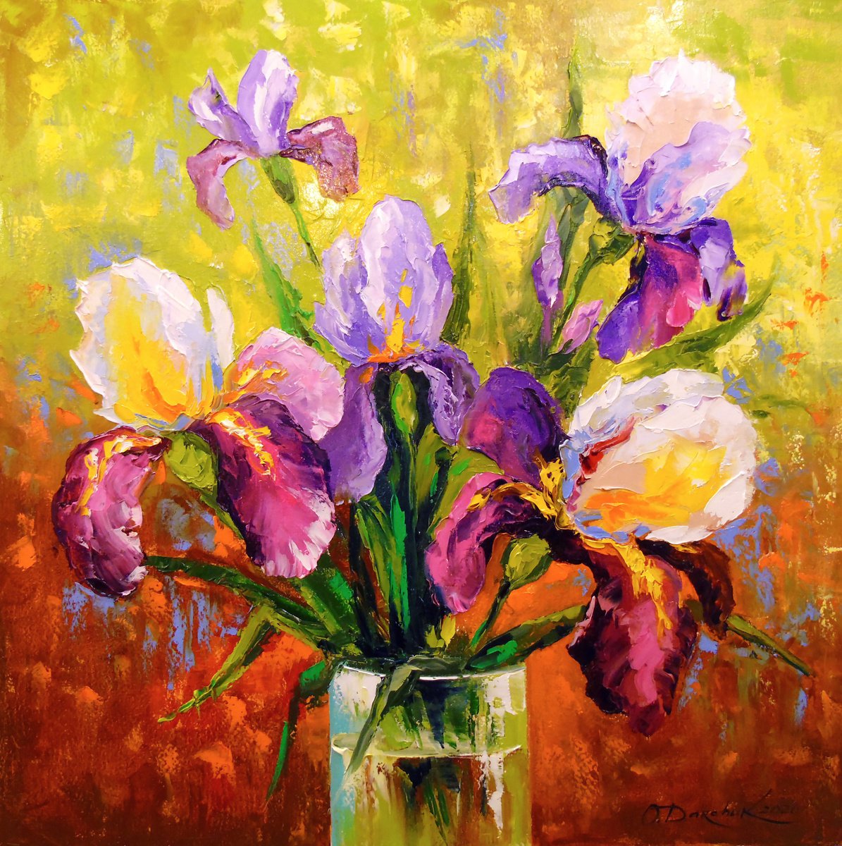 Impressionistic Botanical Oil Painting By Olha Darchuk, 28 X 28", Bouquet Of Irises, Original Artwork