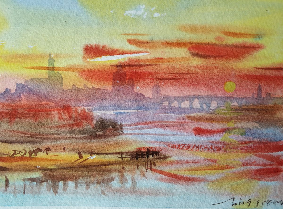 Impressionistic Landscape Watercolour By Jing Chen, 7 X 6, Venice 7, Original Artwork