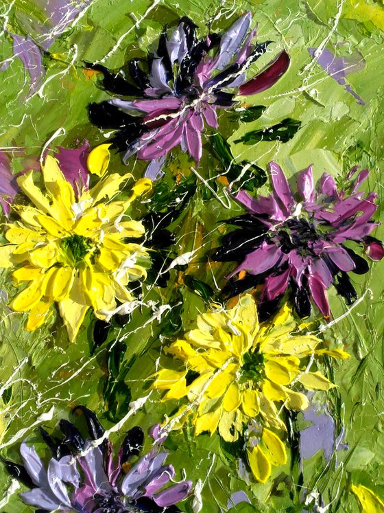 Asters Painting Floral Original Art Daisy Oil Impasto Pallete Knife Painting Abstract Flowers Small Home Wall Art 6 by 8" by Halyna Kirichenko