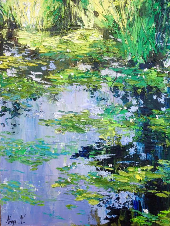 Abstract water lilies pond oil painting landscape river sunlight