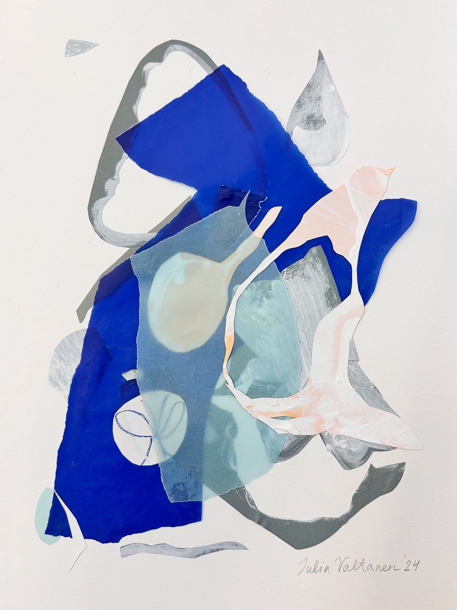 Organic Abstract Collage By Julia Valtanen, 12 X 16", Blue Bow, Original Artwork