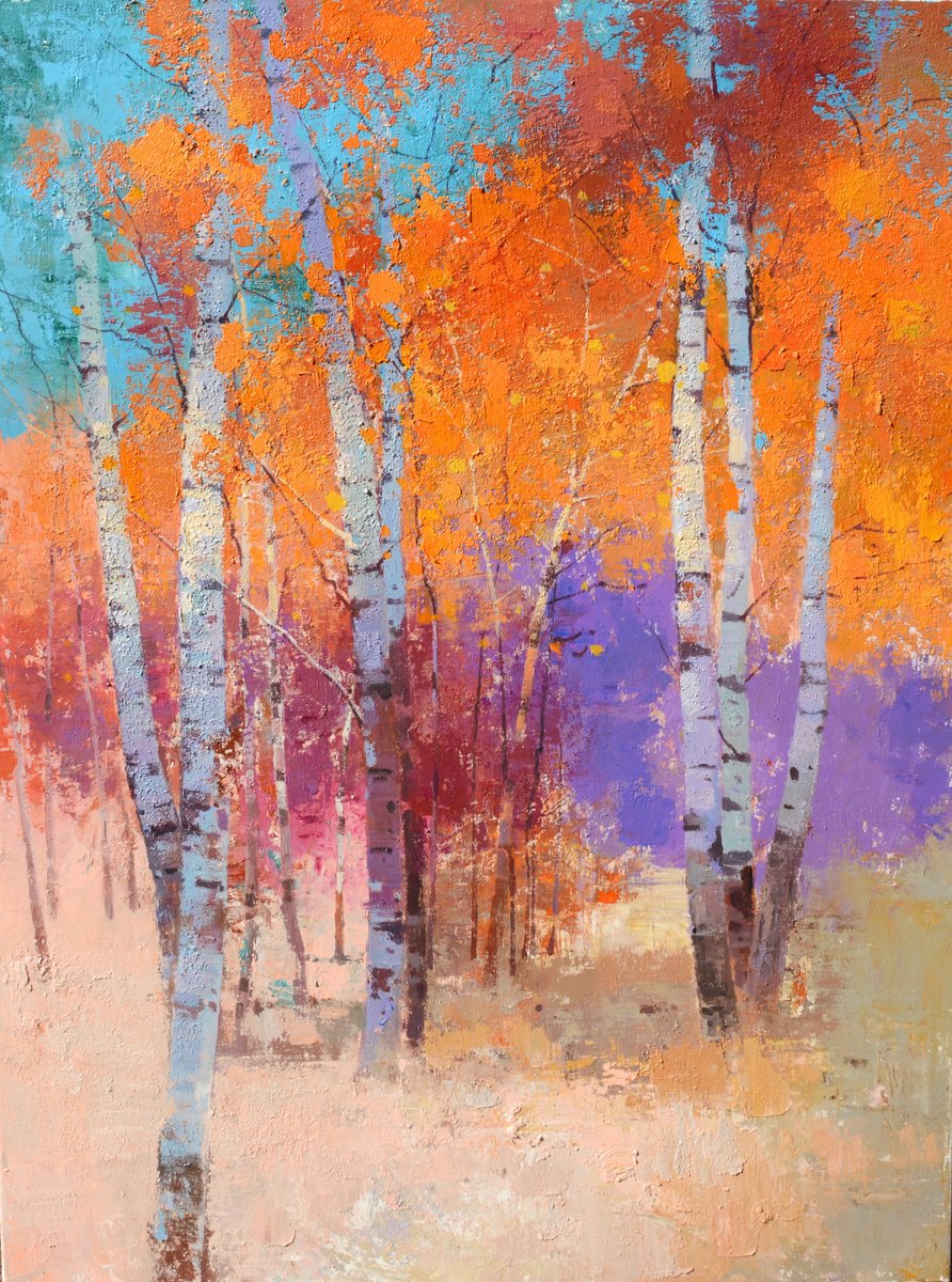 Impressionistic Landscape Acrylic Painting By Jianzhe Chon, 36 X 48, Birch Trees Forrest 083, Original Artwork