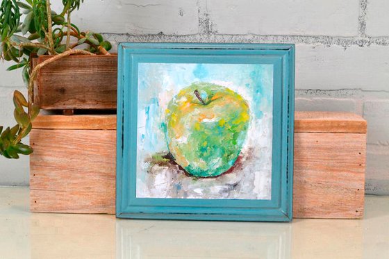 Green Apple Painting Original Art Fruit Still Life Wall Art Kitchen Artwork