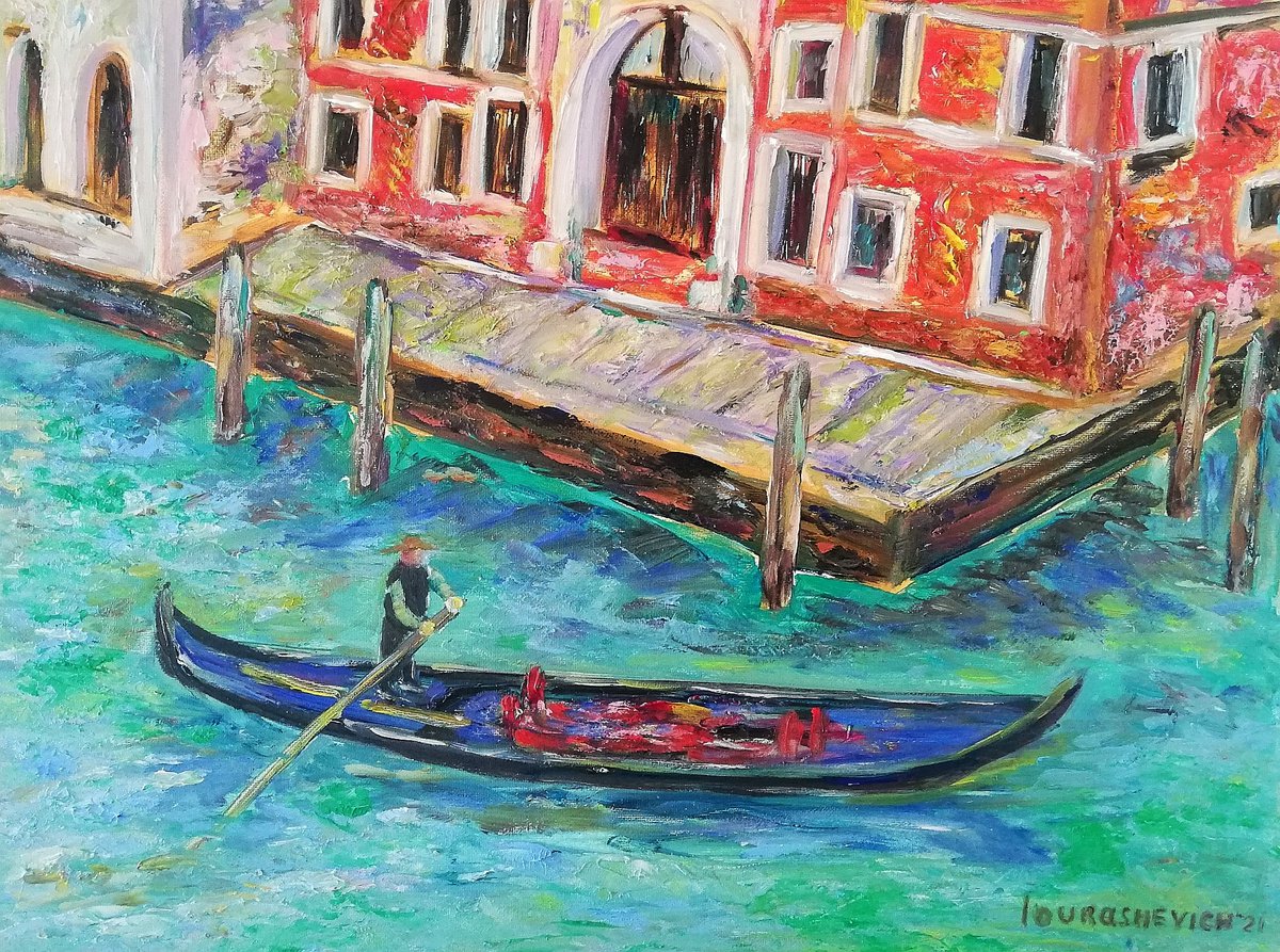 A Gondolier Venice and its Canals Original Oil Painting - Italian Landscape by Katia Ricci