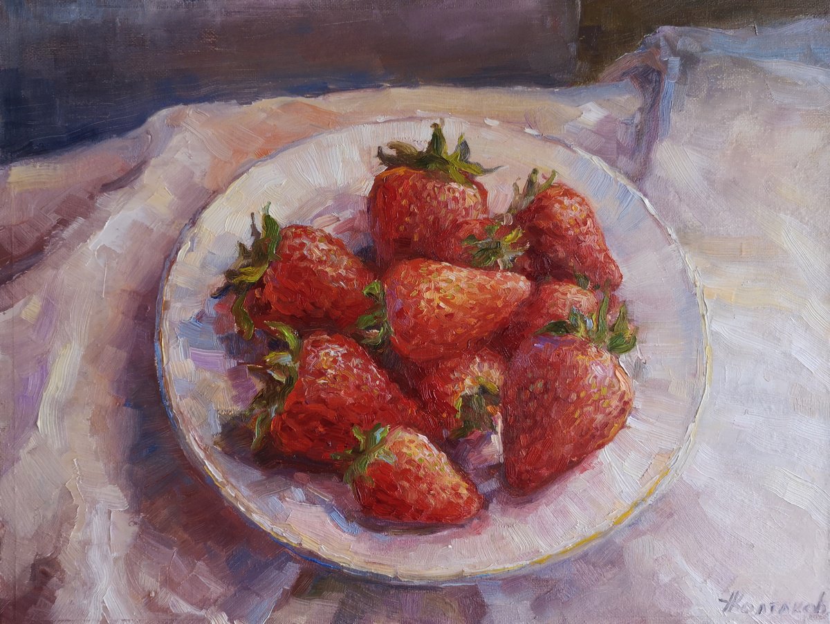 Impressionistic Still Life Oil Painting By Alexander Koltakov, 16 X 12, Strawberries On The Plate, Original Artwork