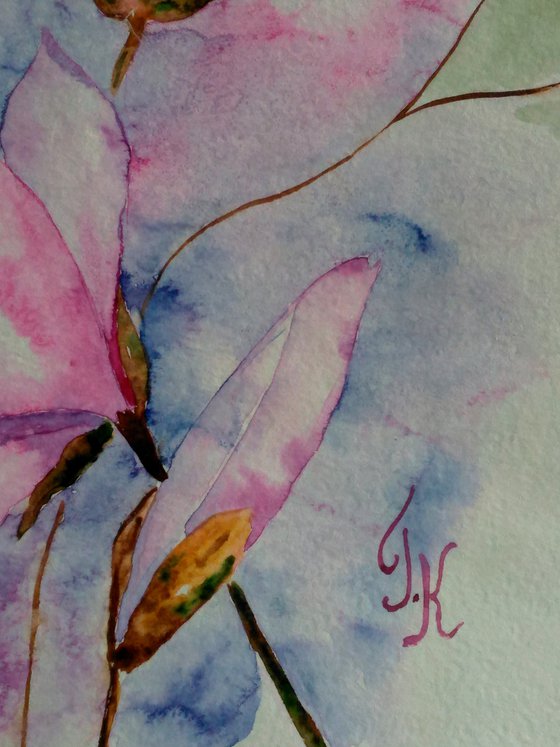 Magnolia blossoming pink magnolis flowers original watercolor painting magnolia branch" Spring beauty"