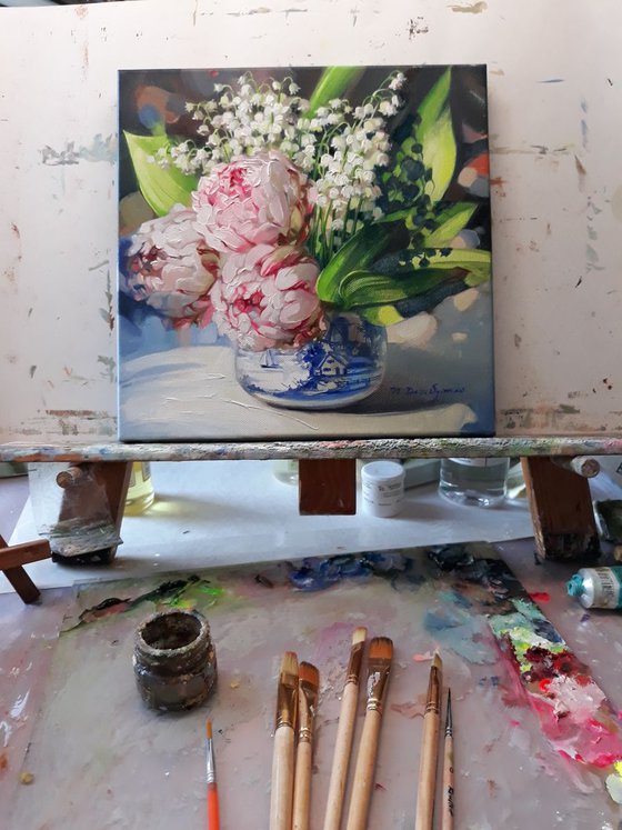 Lily of the valley and peonies flowers in the summer shine, Floral painting on canvas