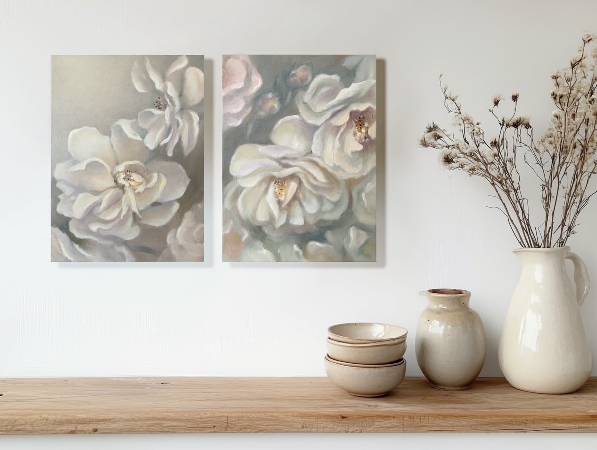Impressionistic Botanical Oil Painting By Alena Post, 24 X 16, White Roses Petals Diptych, Original Artwork