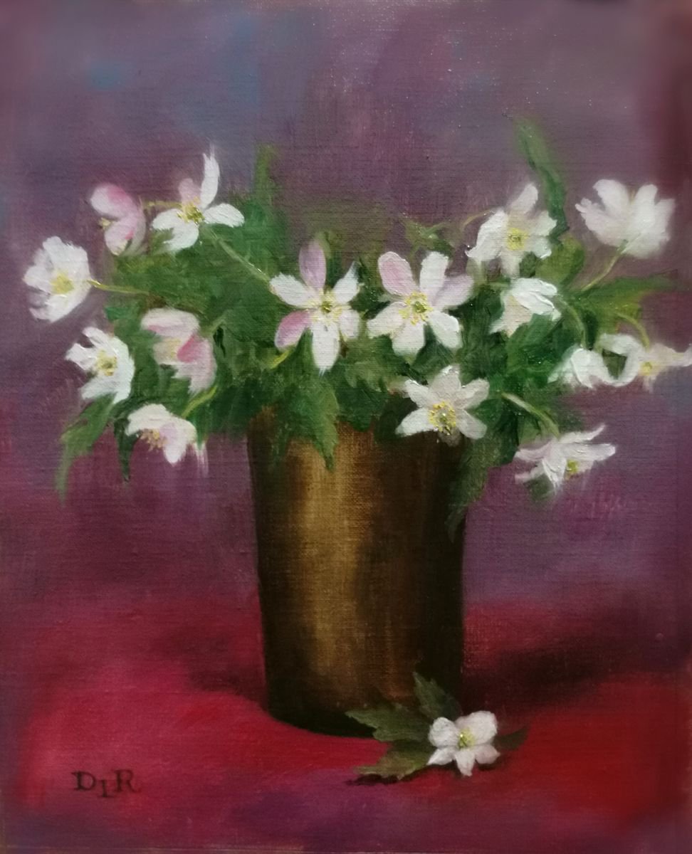 Impressionistic Botanical Oil Painting By Daniela Roughsedge, 10 X 12, Wood Anemones, Original Artwork