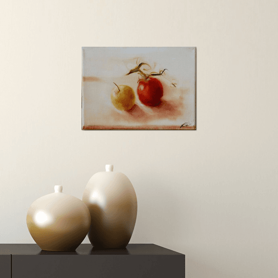 Still Life: Tomato and Apple, oil on canvas 27x19 cm, ready to hang