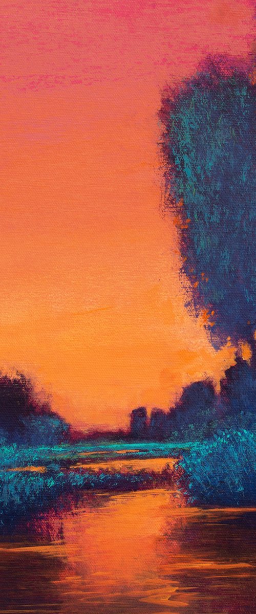 Wetlands Sunset 230105, colorful sunset landscape with field, water  & trees by Don Bishop
