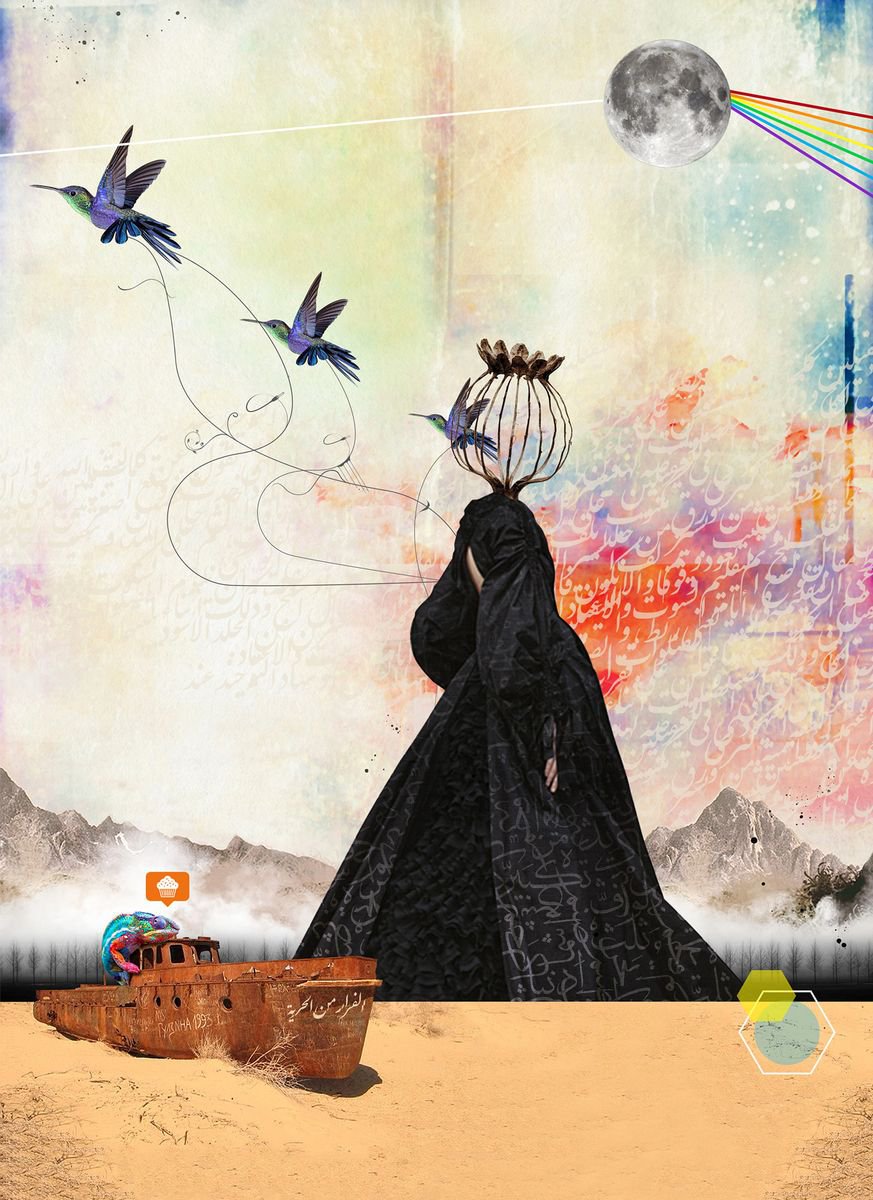 Surrealistic Portrait Giclee Print By Mo Awwad, 19 X 25", Escaping Freedom, Original Artwork