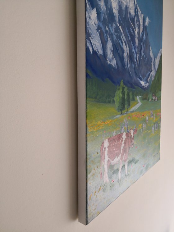 Funny Cow in Switzerland mountains landscape Painting